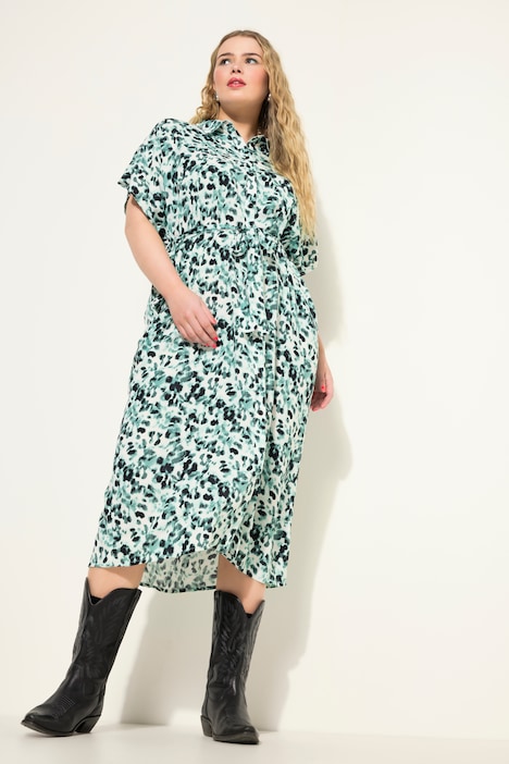 Hemdblusen-Midikleid, oversized, Allover-Print, Hemdkragen, Taillen-Bindegürtel