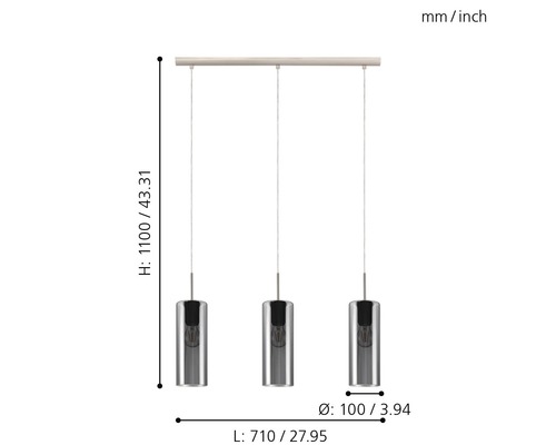 Hanglamp, 3-lichts, HxLxB 110x71x10 cm, nikkel/mat/zwart