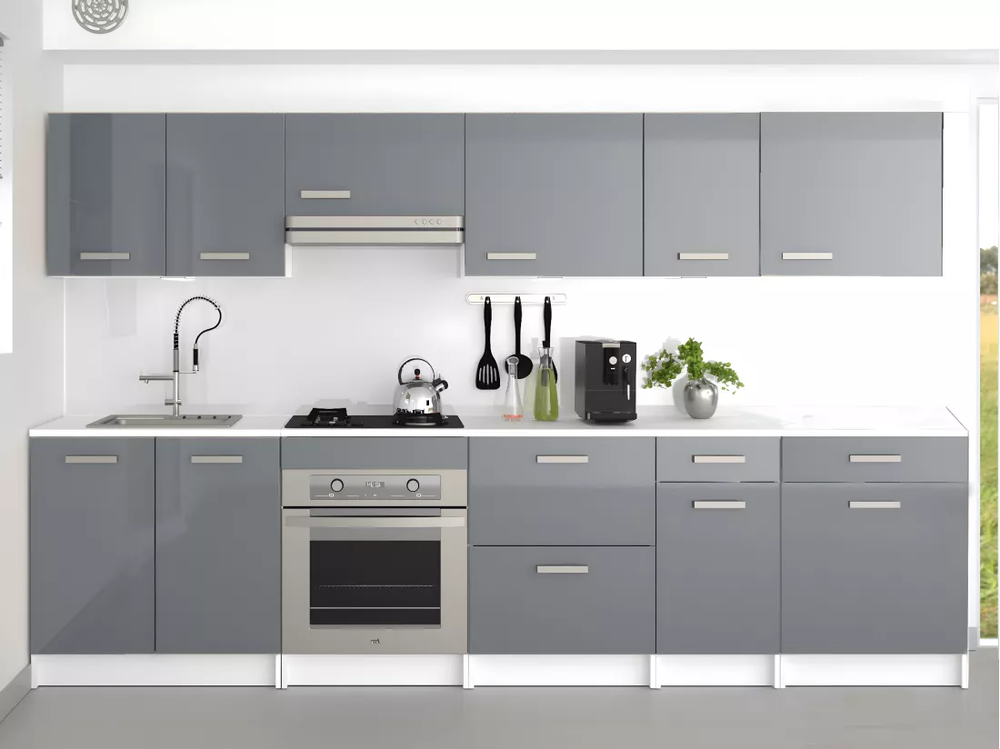 Cuisine complète - Avec plan de travail 300 cm - Gris brillant & Blanc - TRATTORIA