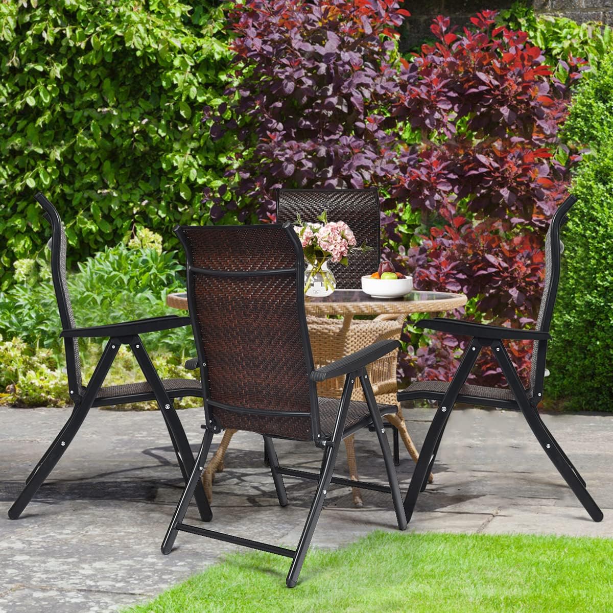 COSTWAY 2er Set Gartenstühle Polyrattan, Klappstühle mit 5-Fach Verstellbarer Rückenlehne, Hochlehner Balkonstühle, wetterfeste klappbare Terrassenstühle für Garten, Balkon, Terrasse