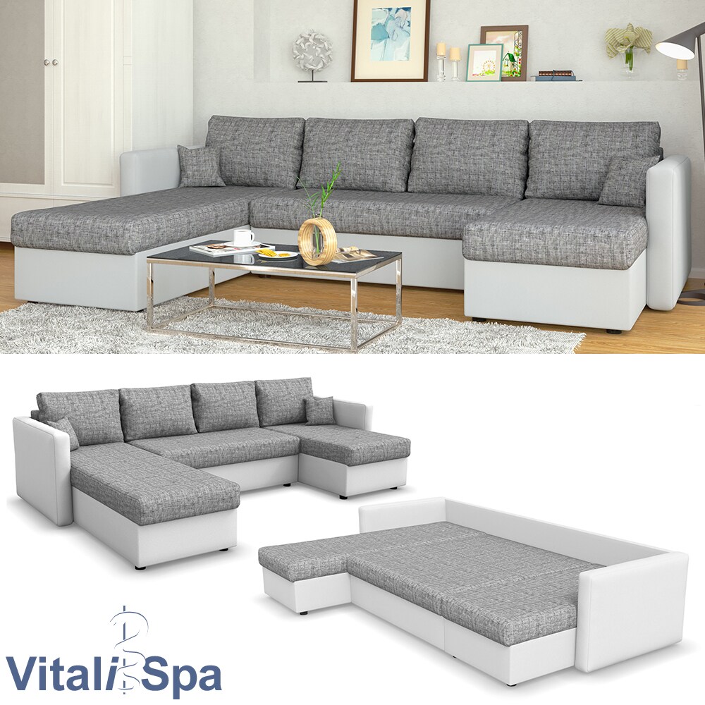 VICCO XXL Ecksofa mit Schlaffunktion Hellgrau - Couch Ecksofa Schlafsofa Taschenfederkern Polstereck