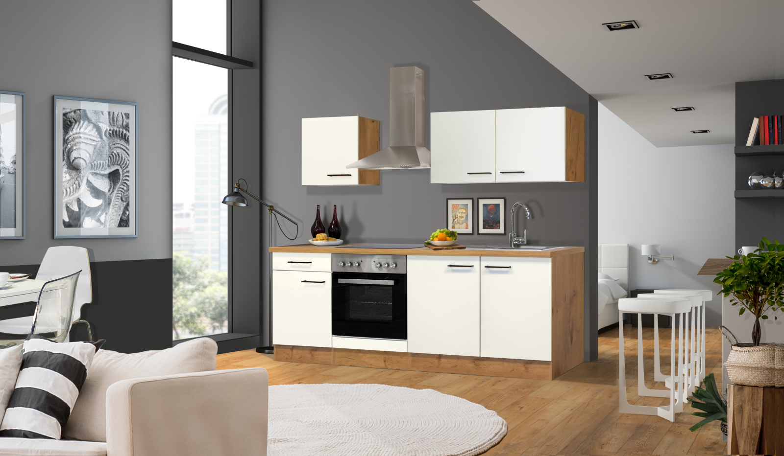 Küchenzeile VINTEA - Magnolia matt-Lancelot Oak - 210 cm - mit E-Geräten