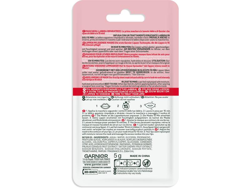 Garnier Lippentuchmaske Kirsche und Panthenol 5 g Intensive, feuchtigkeitsspendende Lippenmaske