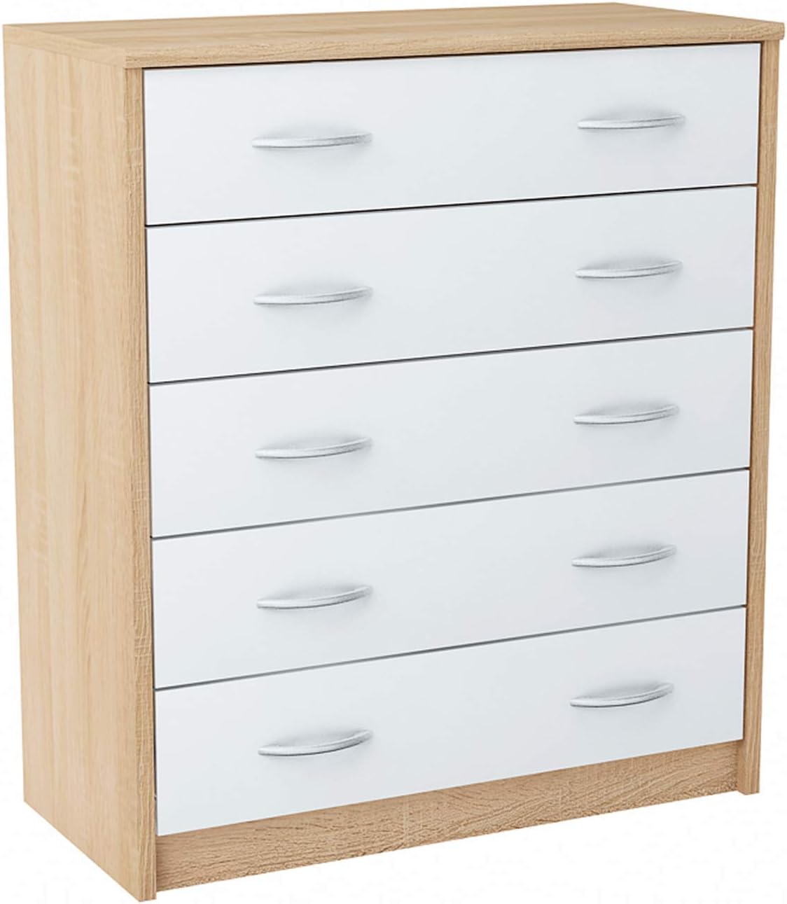 MATKAM Schuhschrank 5S in moderner Optik, B 74 x H 85 x T 35 cm, laminierte Möbelplatte 16 mm, mit Rückwand, 5 ausklappbare Schuhablagen, Jede mit Zwei Griffen zum Aufmachen (Sonoma Eiche – Weiß)