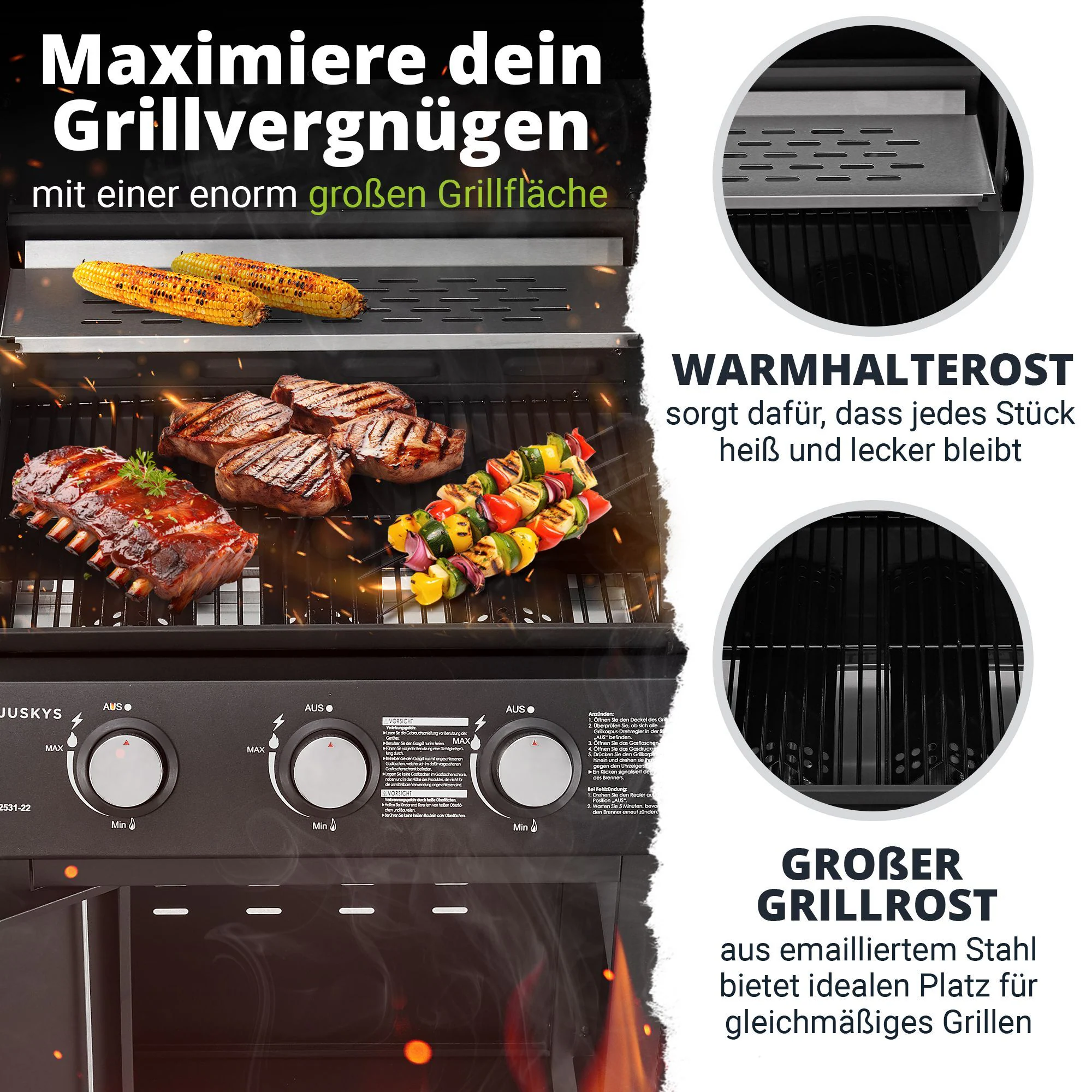 Juskys BBQ Gas-Grill Louisiana, 3 Brenner Grillrost, Deckel mit Thermometer