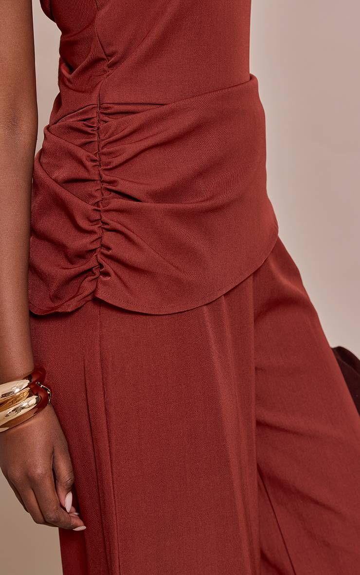 Orange Brûlé Combinaison Pantalon Large Drapée À Bandeau En Tissu Tissé Kaki Clair