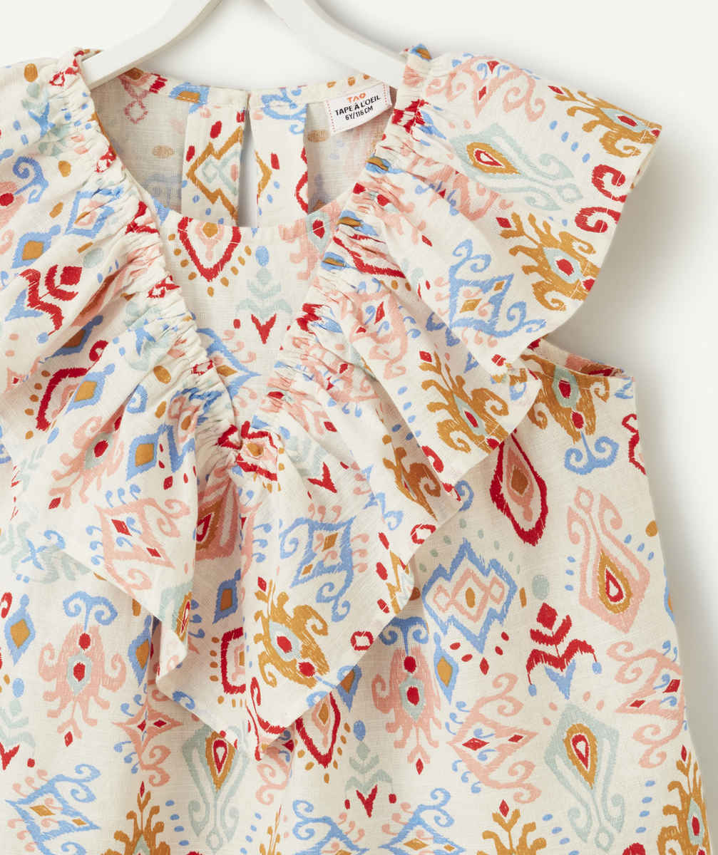 blouse manches courtes fille écrue imprimé géométriques et volants