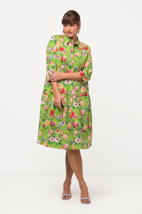 Hemdblusenkleid, Blumen, A-Linie, Hemdkragen, 3/4-Arm