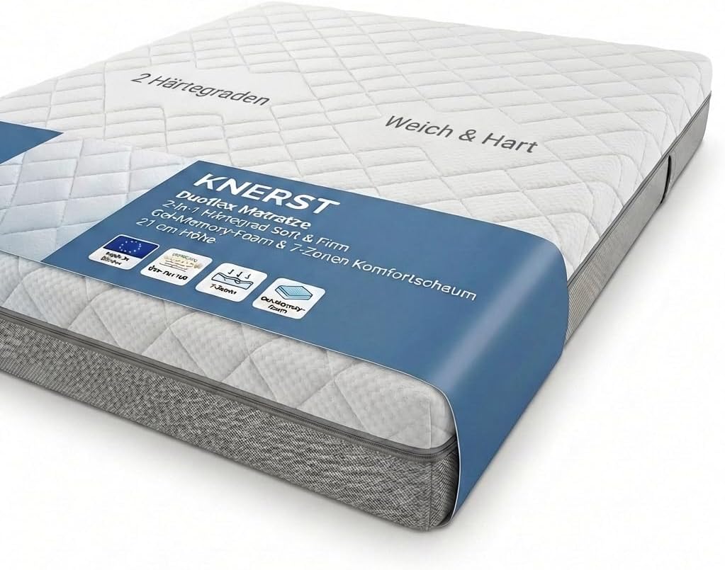 KNERST Duoflex Matratze 180 x 200 cm - 2-in-1 Härtegrad Soft & Firm - Gel-Memory-Foam & 7-Zonen Komfortschaum - 21 cm Höhe - orthopädische Matratze für alle Schlafpositionen - Mattress