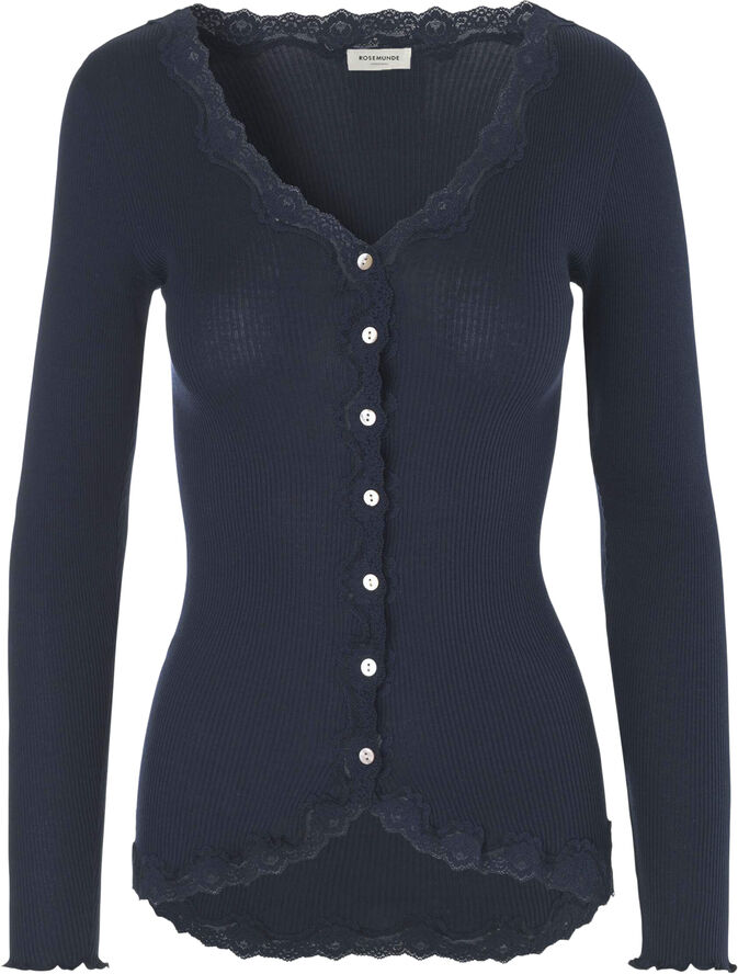 Rosemunde Silk cardigan regular ls w/rev vintage lace Blå