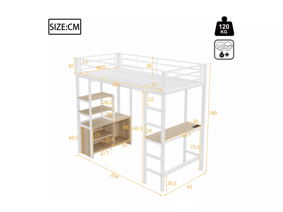 Lit mezzanine 90 x 200 cm avec bureau, prises USB, placard de rangement ouvert - Métal + MDF - Blanc (sans matelas)