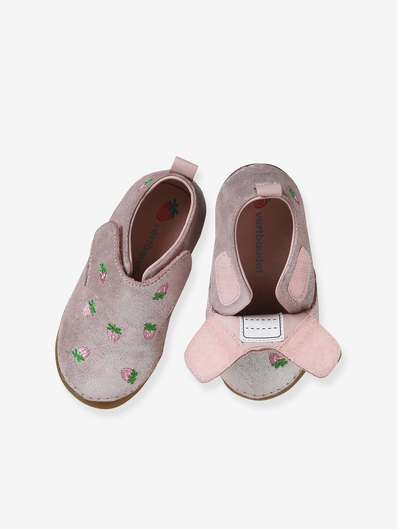Pantufas rosa de couro macio para bebê com fecho de velcro