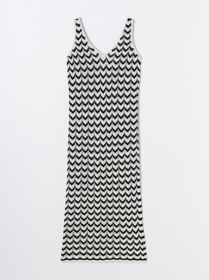 Vestido longo de malha vazada - Preto/Branco