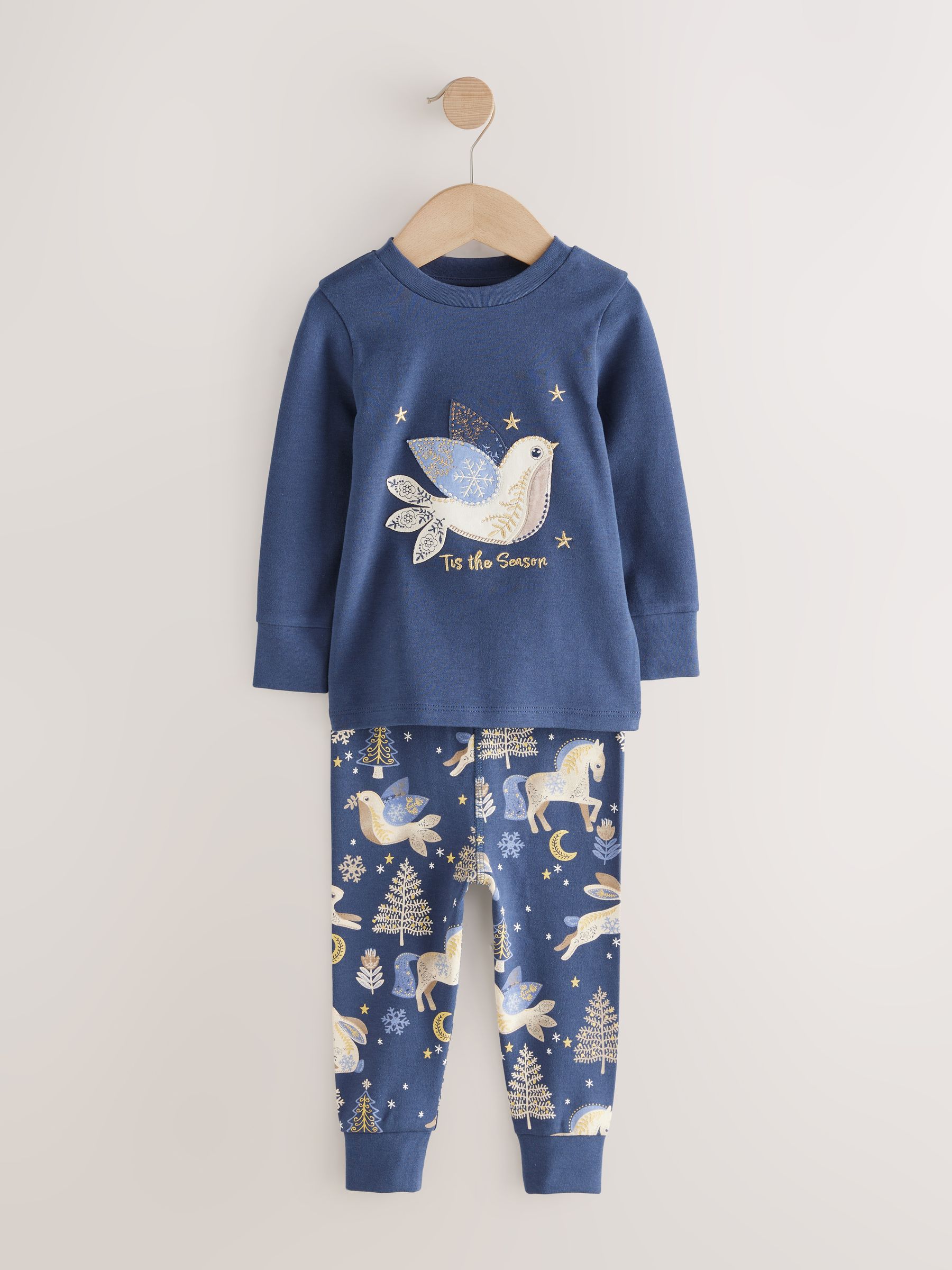Marineblauw / Cream met paard - Set van 2 knusse Kerstmis Pyjama's (9mnd-12jr)