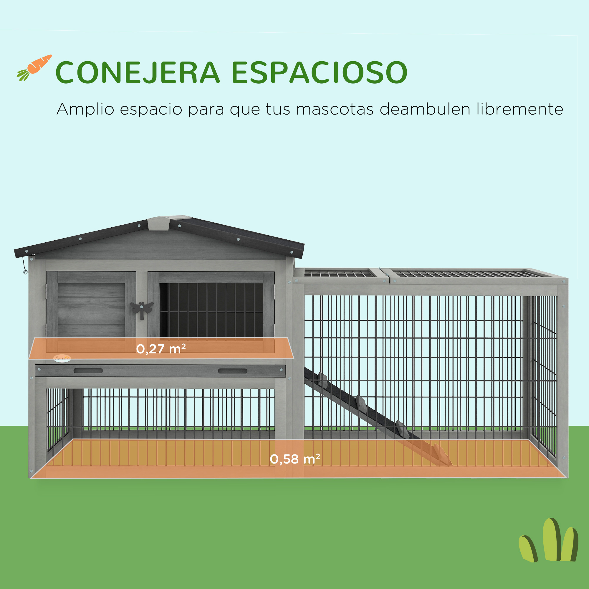 Gaiola de madeira para coelhos PawHut, tamanho grande (150x52x68 cm), para 1 a 2 coelhos, com telhado articulado de asfalto, bandeja removível e rampa, cinza.