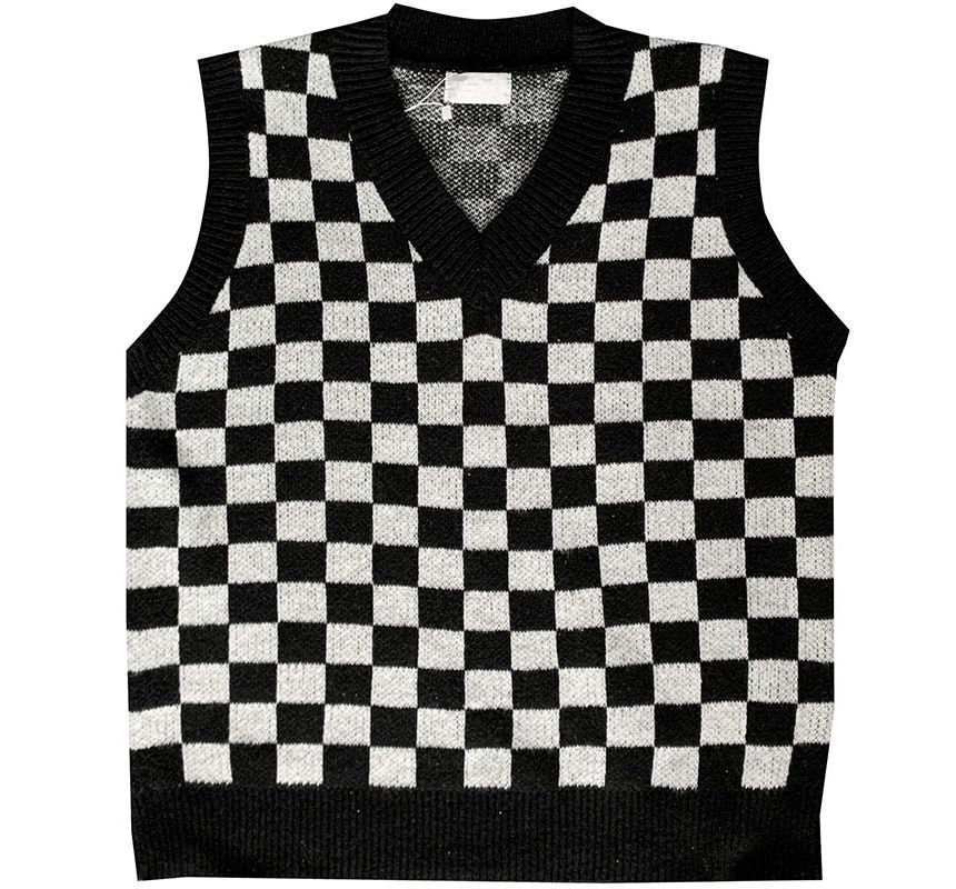 Whyessa - V-hals geruit oversized gebreid vest