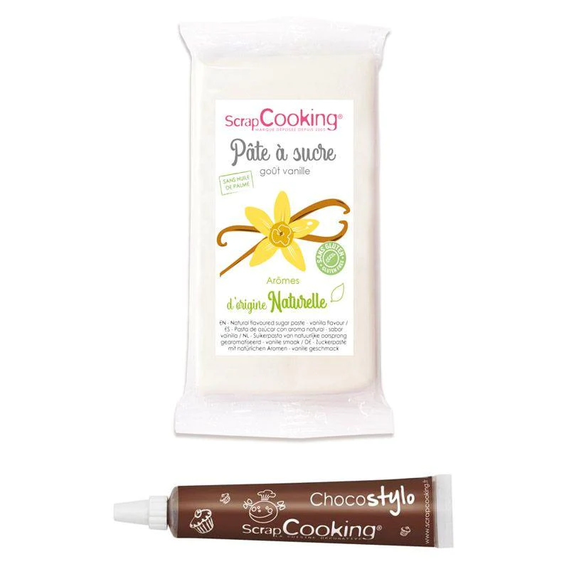 Pâte à sucre blanche 250 g arôme vanille + Stylo chocolat Scrapcooking