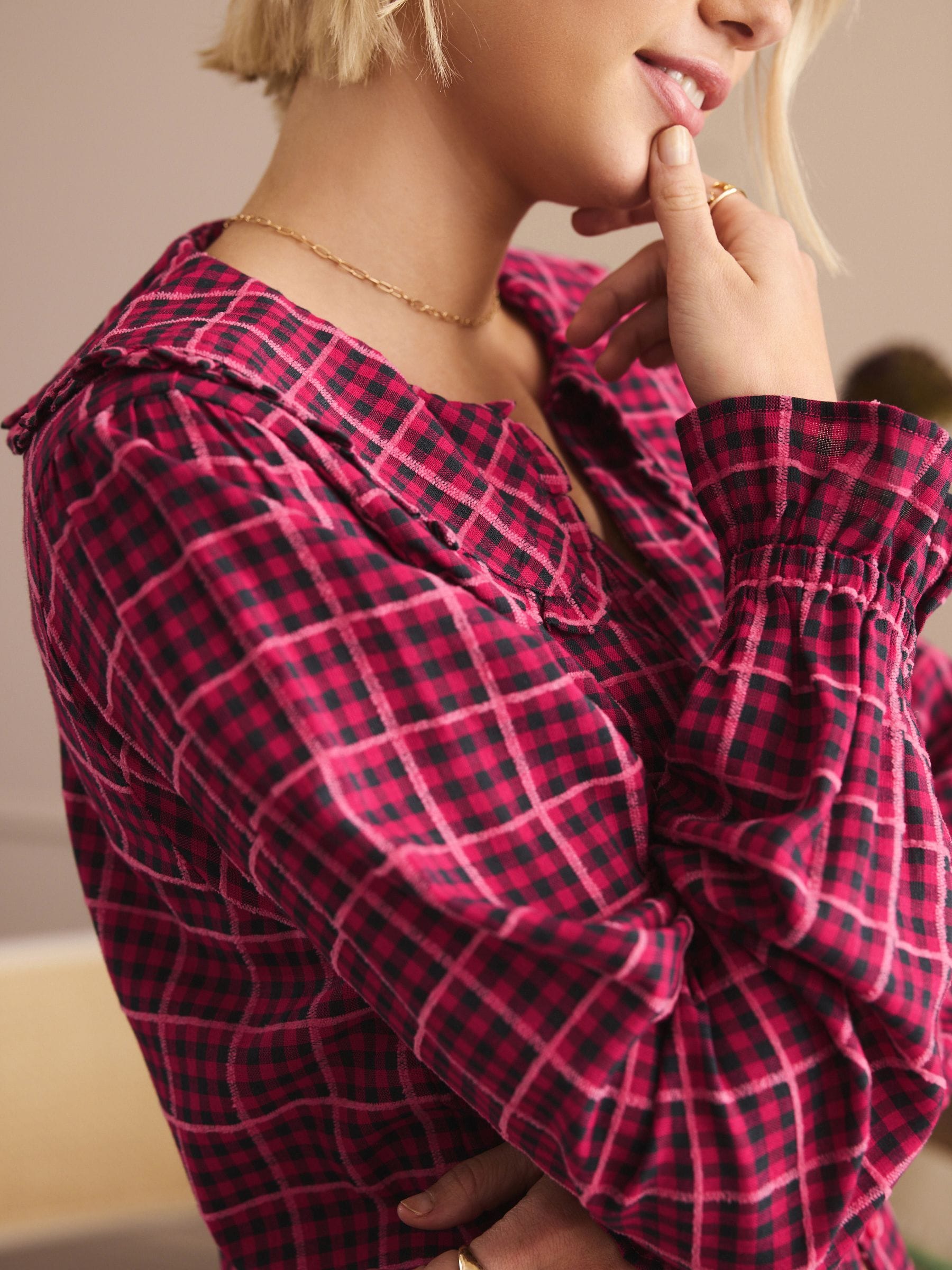 Roze gingham - Flannelen pyjama met knopen