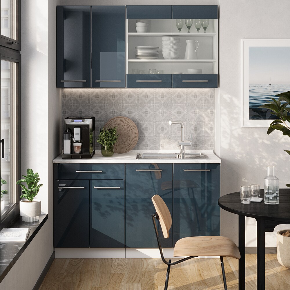 Vicco Küchenzeile Fame-Line Weiß Dunkelblau Hochglanz 140 cm mit Arbeitsplatte Eiche