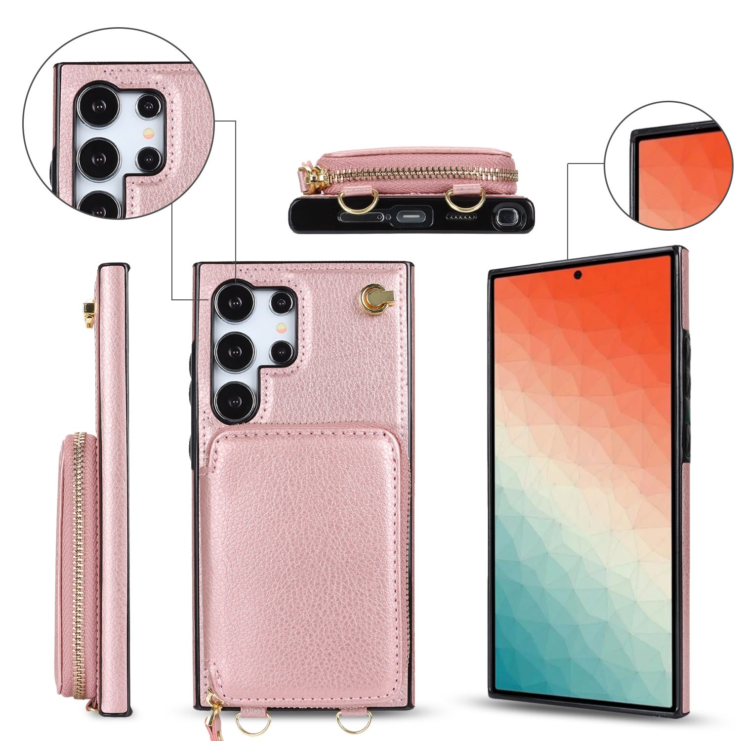 Samsung Galaxy S24 Ultra Necklace Leder Schutz Hülle mit Kartenfächer   Handykette (140cm) - Roségold