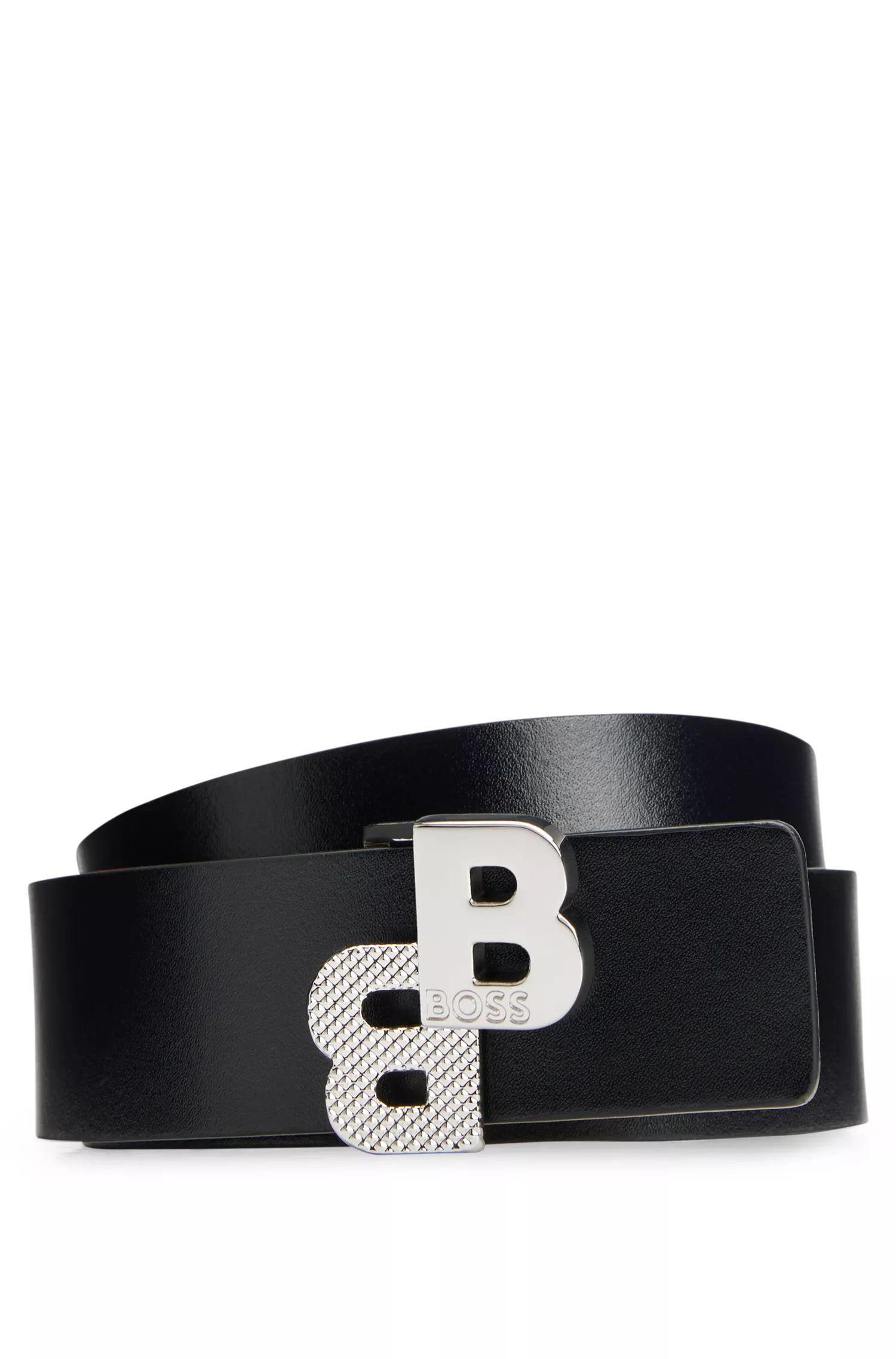 Cinto BOSS preto reversível em couro italiano com fivela monogramada.