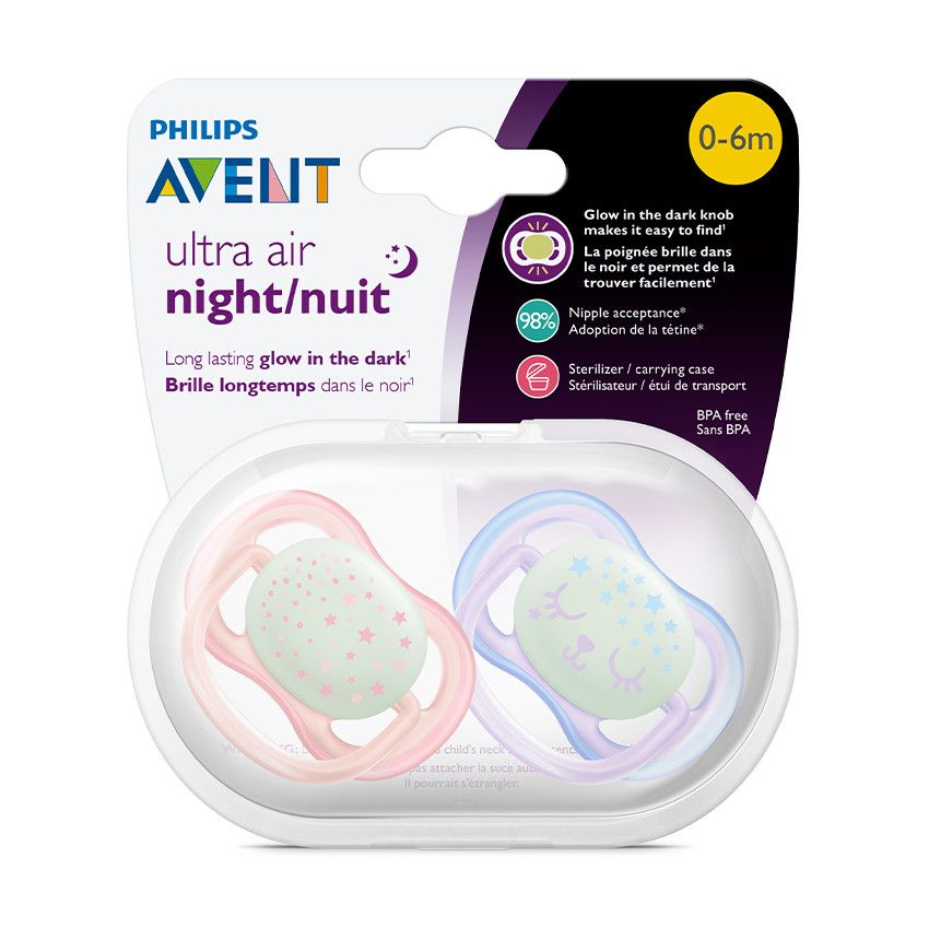 Lot de 2 sucettes phosphorescentes Ultra Air Night 0-6M - Bleu/Vert ou Rose/Violet - Ecru
