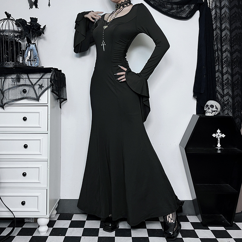 (165cm) Fasnachts Erwachsenen Kostüm Bodenlanges Vampir Kleid Morticia Addams Verkleidung für Motto Partys / Halloween - Schwarz