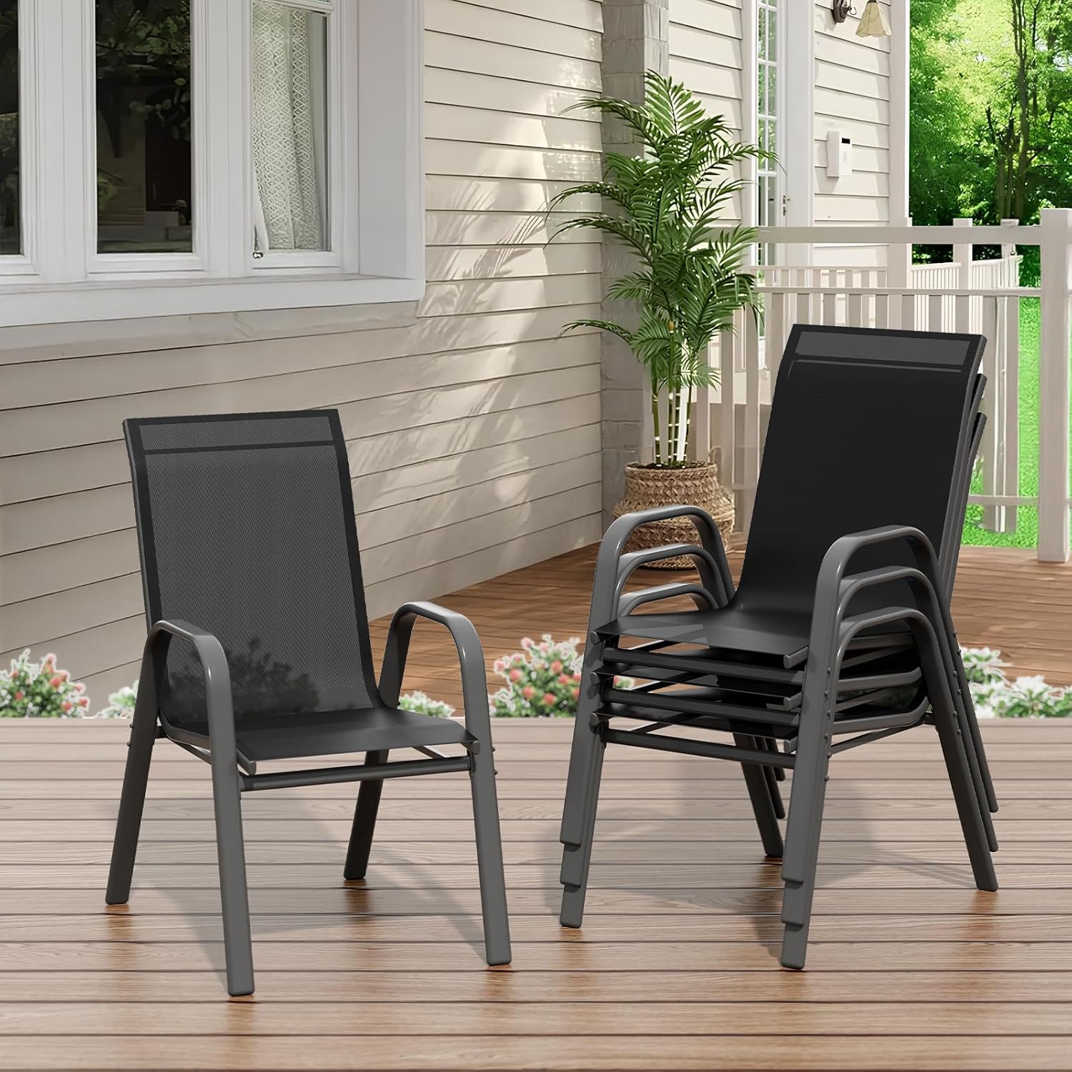 PortoAlegre Gartenstühle 4er Set – Stapelbare Textilene Gartenstühle aus Metall, Outdoor Stühle Set wetterfest & rostbeständig, Terrassenstühle 4er Set für Garten, Balkon & Terrasse