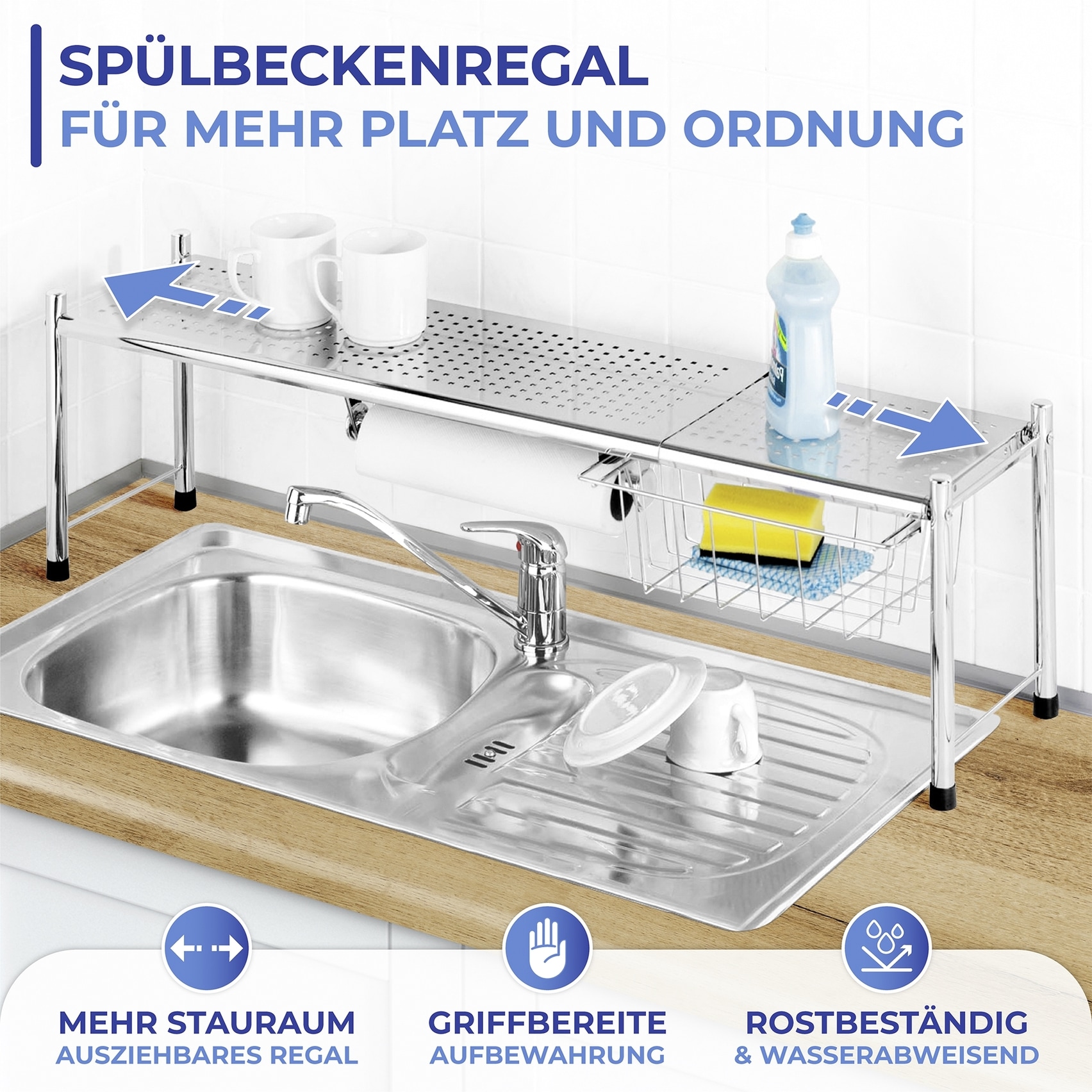 Maximex Küchenregal »Modell EXPANDO« ausziehbares Spülbeckenregal mit Küchenrollenhalter und Korb