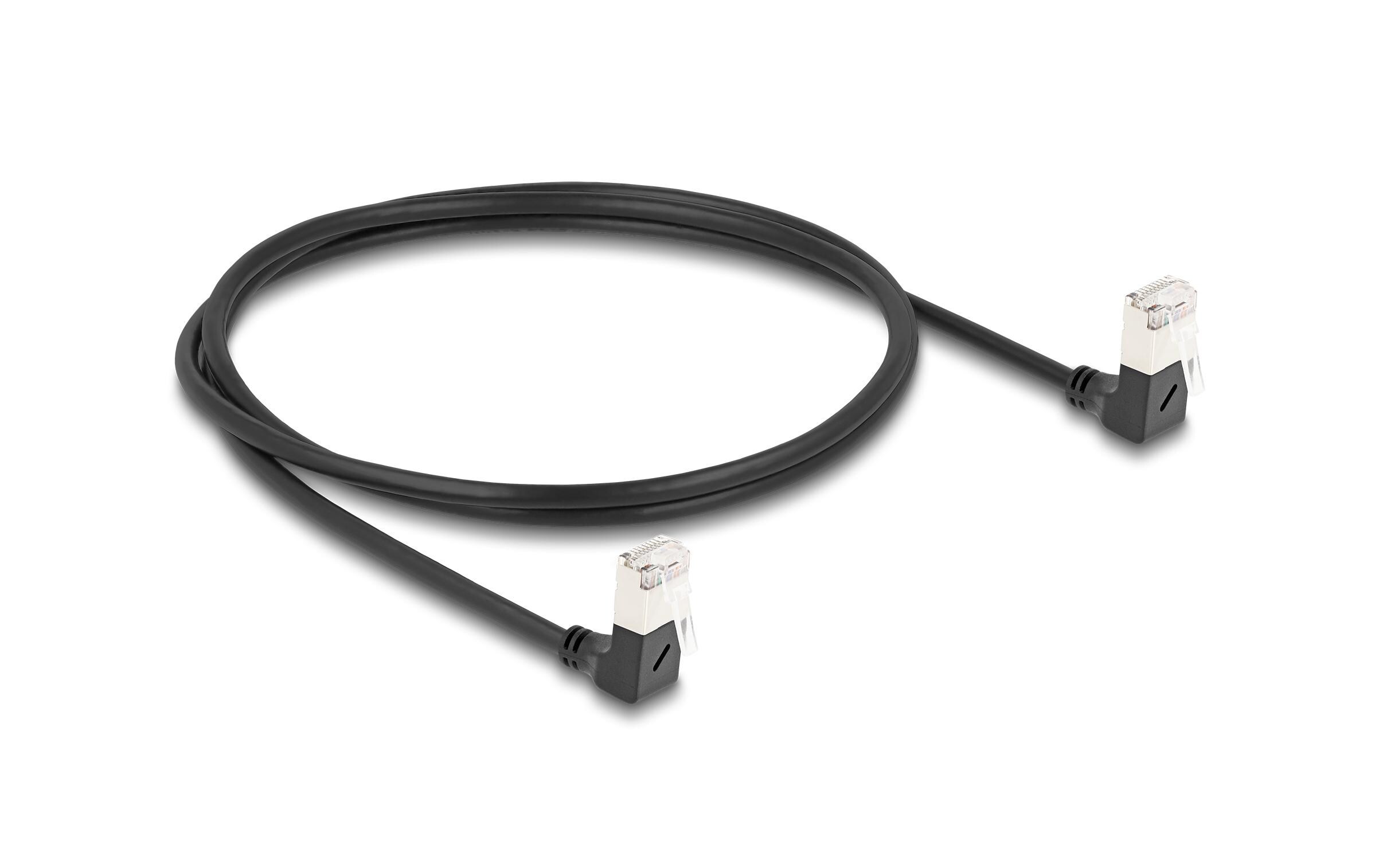 Patchkabel 90° gewinkelt Cat 6A, S/FTP, 1 m, SchwarzDelock RJ45 Netzwerkkabel Cat.6A S/FTP Slim 90° unten / unten gewinkelt 1 m schwarz
