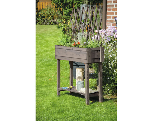 Verhoogd tuinbed op palen, inclusief trellis, op wielen, 79 x 28,5 x 130 cm, grijs