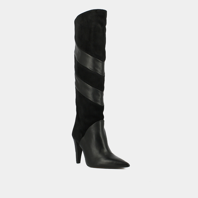 Bottes hautes à bouts pointus  en cuir et croute noir