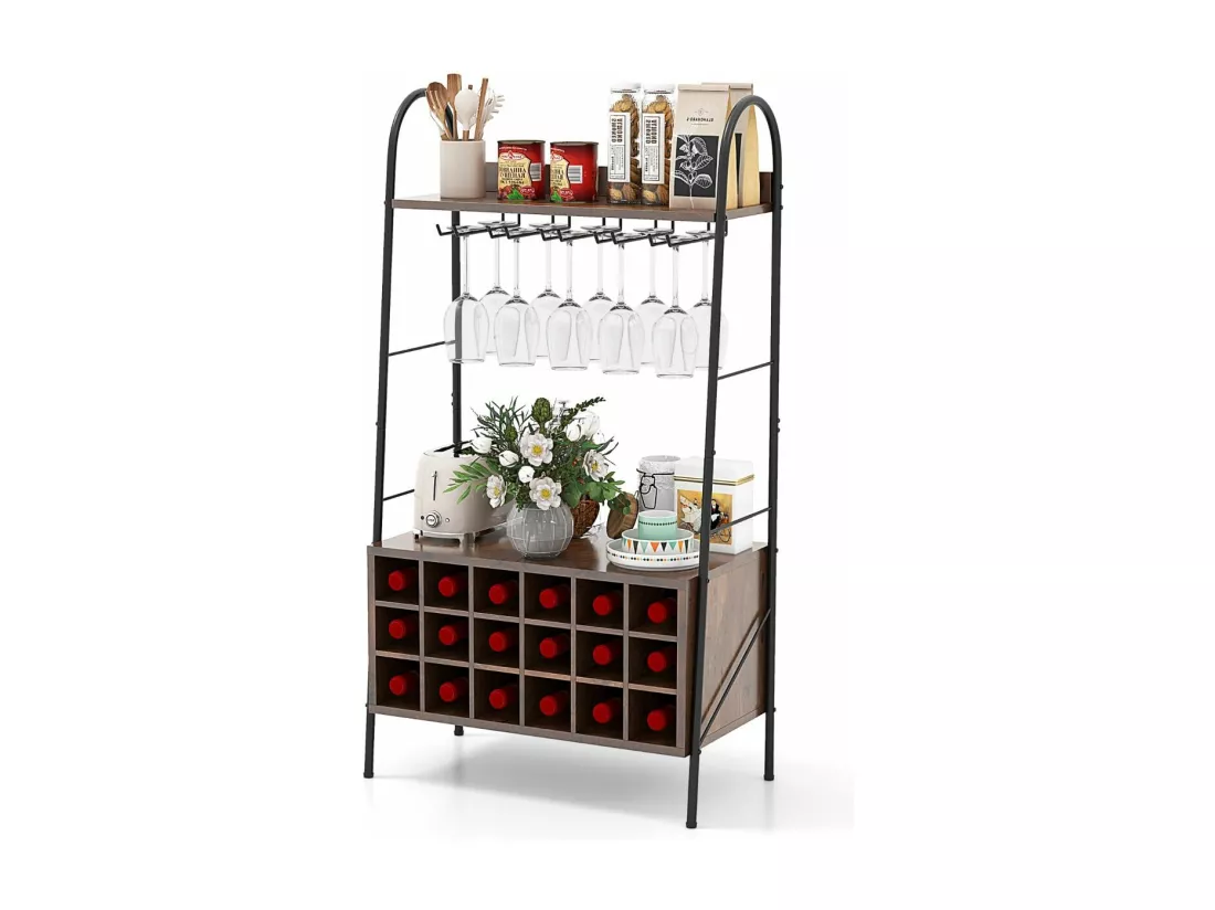 Porte-Bouteille Industriel avec Porte-Verres, 18 Bouteilles & 15 Verres, Casier à vin Amovible, Étagères de Rangement pour Cuisine, Salle à Manger, Bar, 32 x 63 x 114,5 cm, Marron Rustique