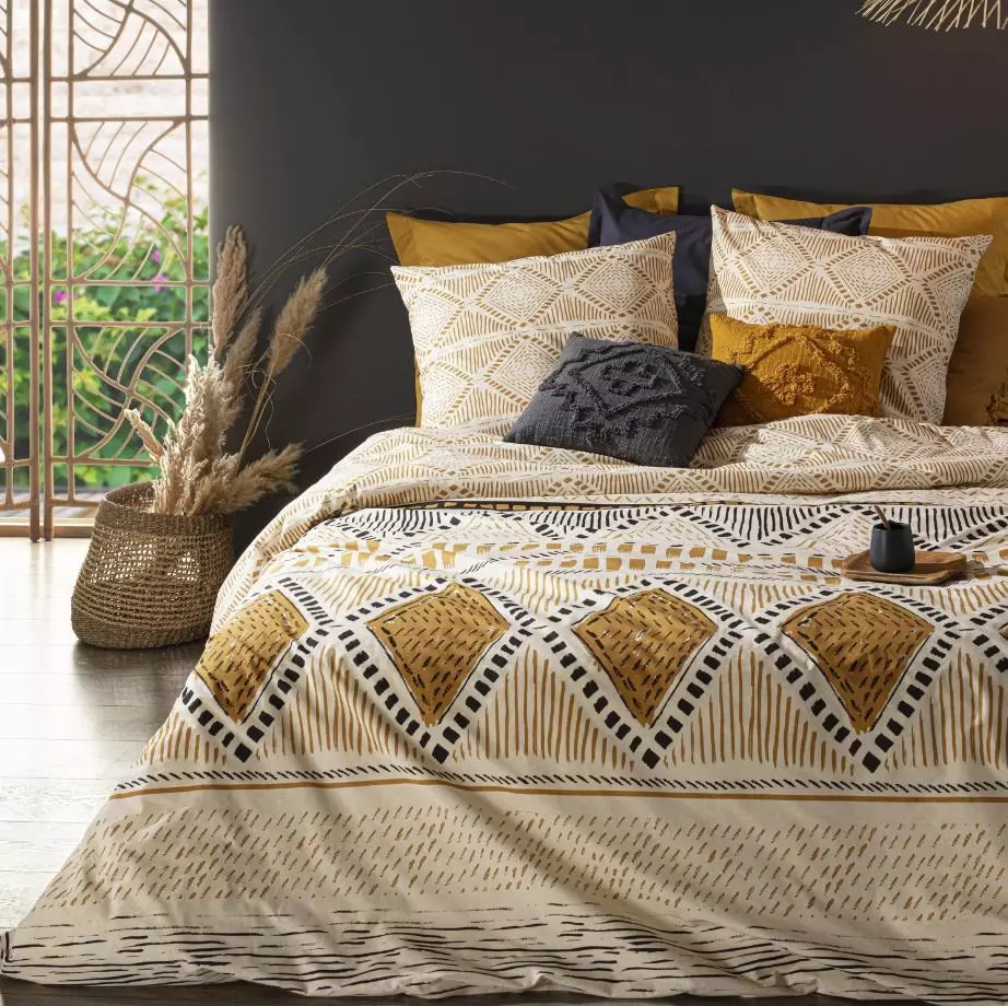 Housse de couette et deux taies coton (260 x 240 cm) Ray Kilim Jaune ocre