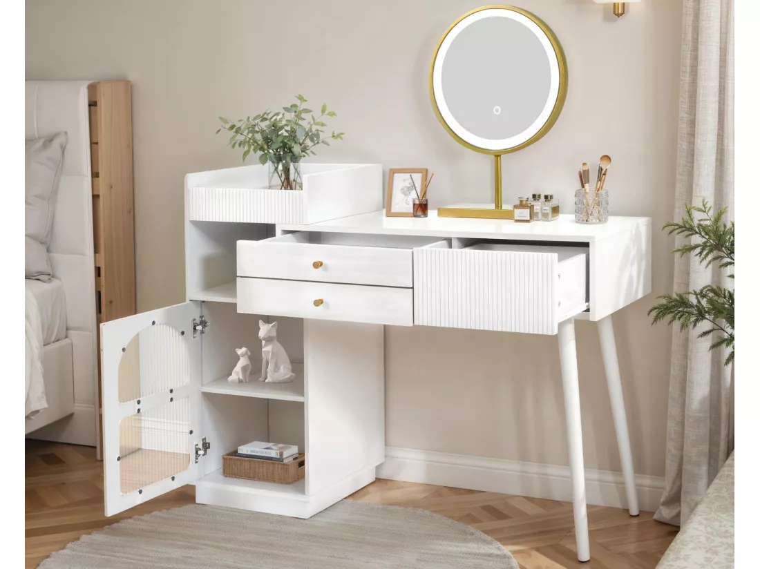 Coiffeuse avec miroir et éclairage LED - 3 tiroirs et une armoire latérale - Blanc(tabouret non inclus)