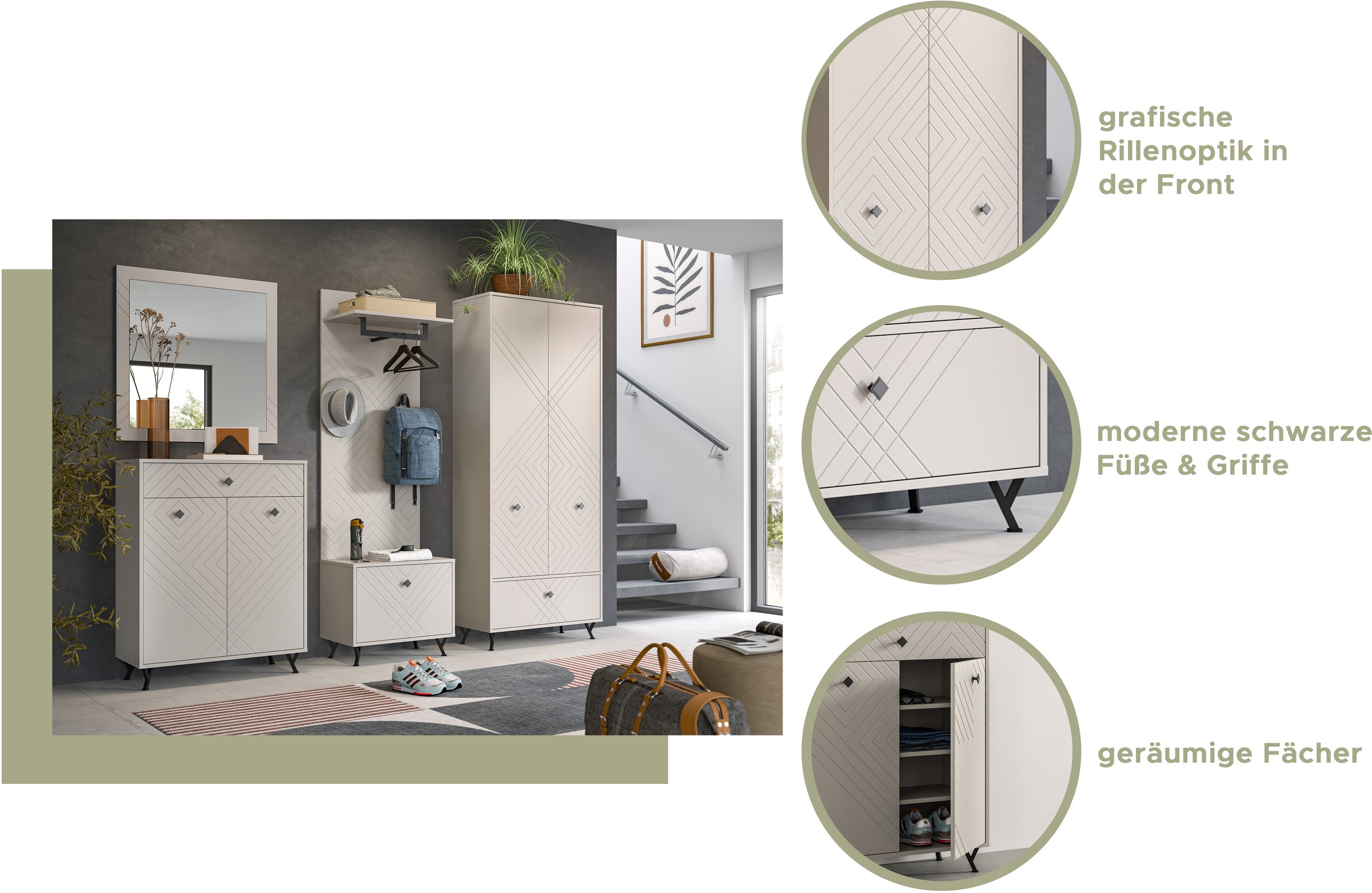 INOSIGN Garderobenschrank »Mento, Höhe 190cm, 2 Türen, 1 Klappe, 4 Einlegeböden, 6 Fächer« Metall Knopfgriffe & Y-Füsse, Front mit Ornamentfräsung, Kleiderschrank
