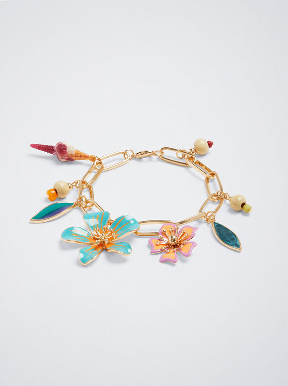 Pulseira com flores e conchas - Multicolorida