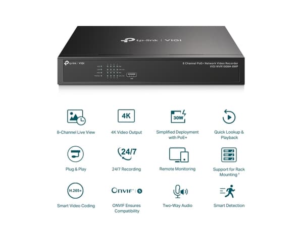 TP-Link VIGI NVR1008H-8MP, 8 kanaler, 3840 x 2160 piksler, 720p, 1080p, 2160p, 3840x2160,1920x1080, 1680x1050, 1440x900, 1280x1024, 1024x768, 1280x72