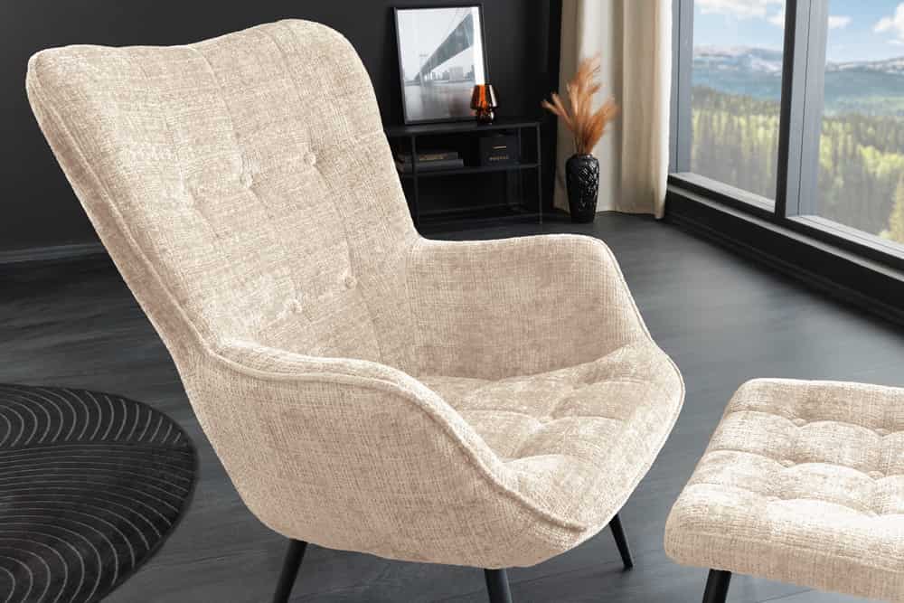 Design Sessel SCANDINAVIA champagner Chenille Cremona schwarz Metall mit Armlehne