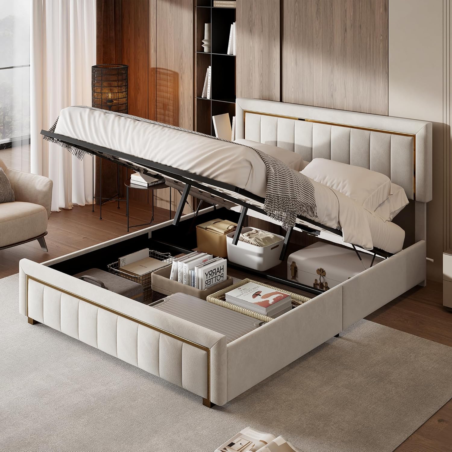Polsterbett Doppelbett 140 x 200 cm, Gepolstertes bett mit Stauraum, Hydraulikmechanismus & Eleganten goldenen Akzenten, Perfekt für stilvolle Schlafzimmer, Samt, ohne Matratze (Beige, 140x200cm)