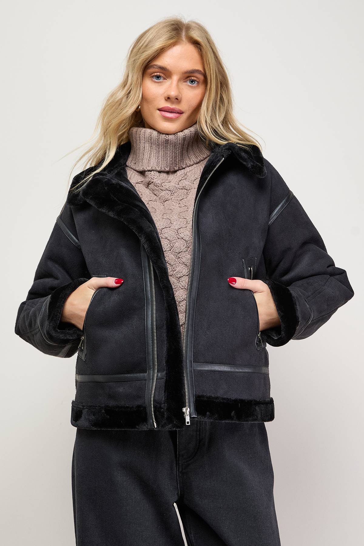 Oasis Veste Aviateur Courte en synthétique avec Fermeture Éclair