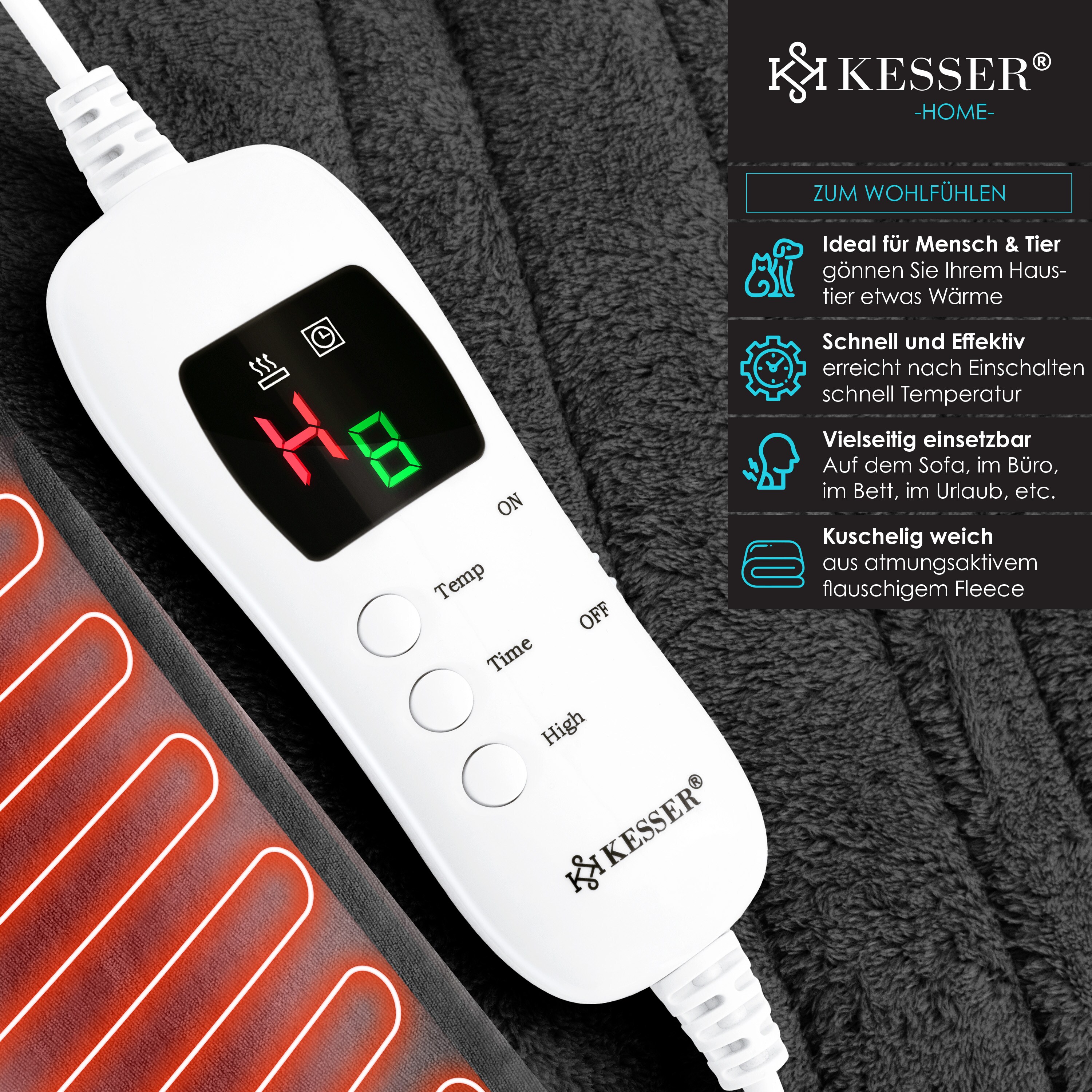 KESSER® Heizdecke aus Plüsch TÜV SÜD GS geprüft | elektrische Wärmedecke mit Timer Abschaltautomatik | Kuscheldecke| 9 Temperaturstufen | waschbar bis 40°C | Digitalanzeige