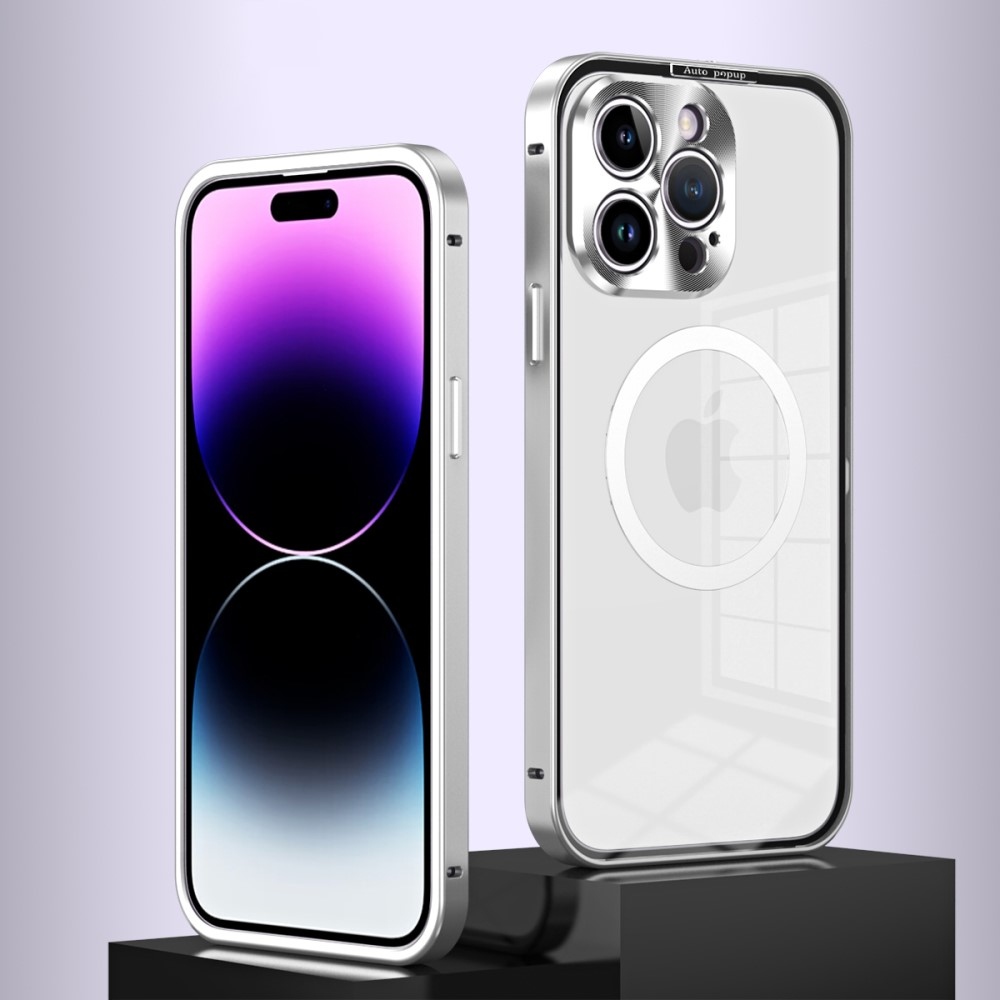 iPhone 14 Pro MagSafe Alu Schutzhülle mit Panzer Glas Backcover   Kameraschutz - Silber