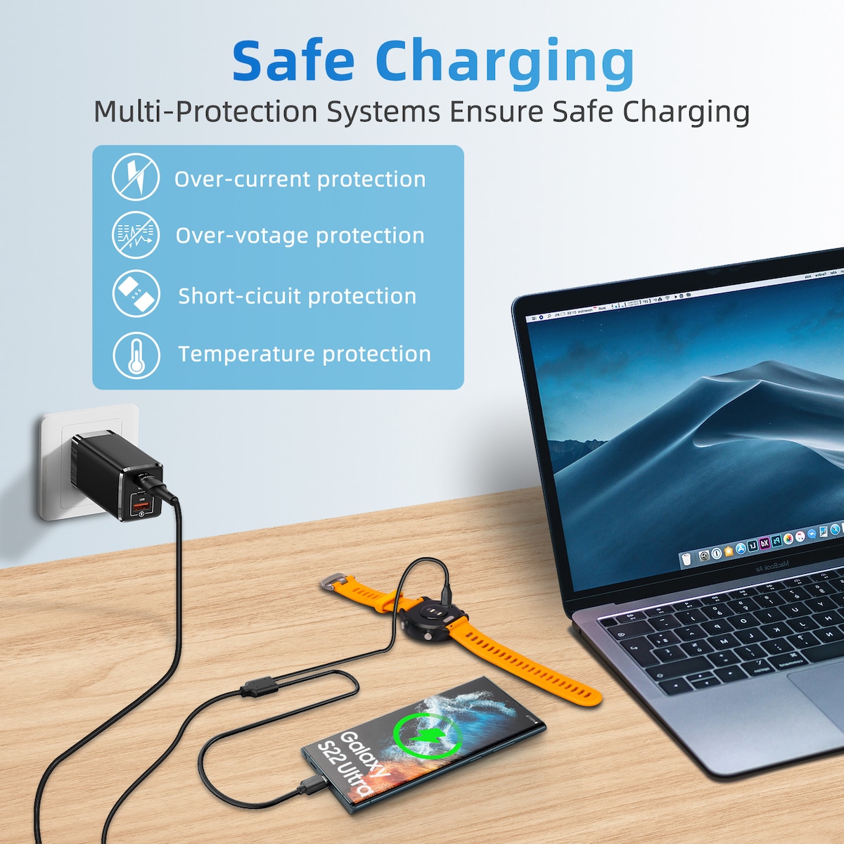 Llader for USB-C mobiltelefon og sportsklokke Sort