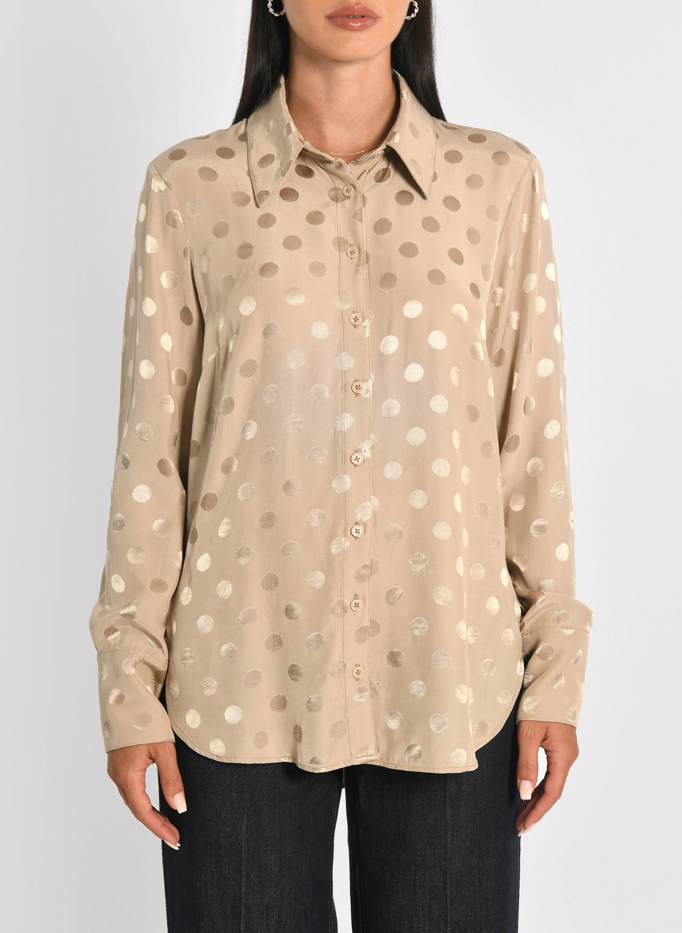 BELLA - Chemise col classique à motif pois brillants| Beige