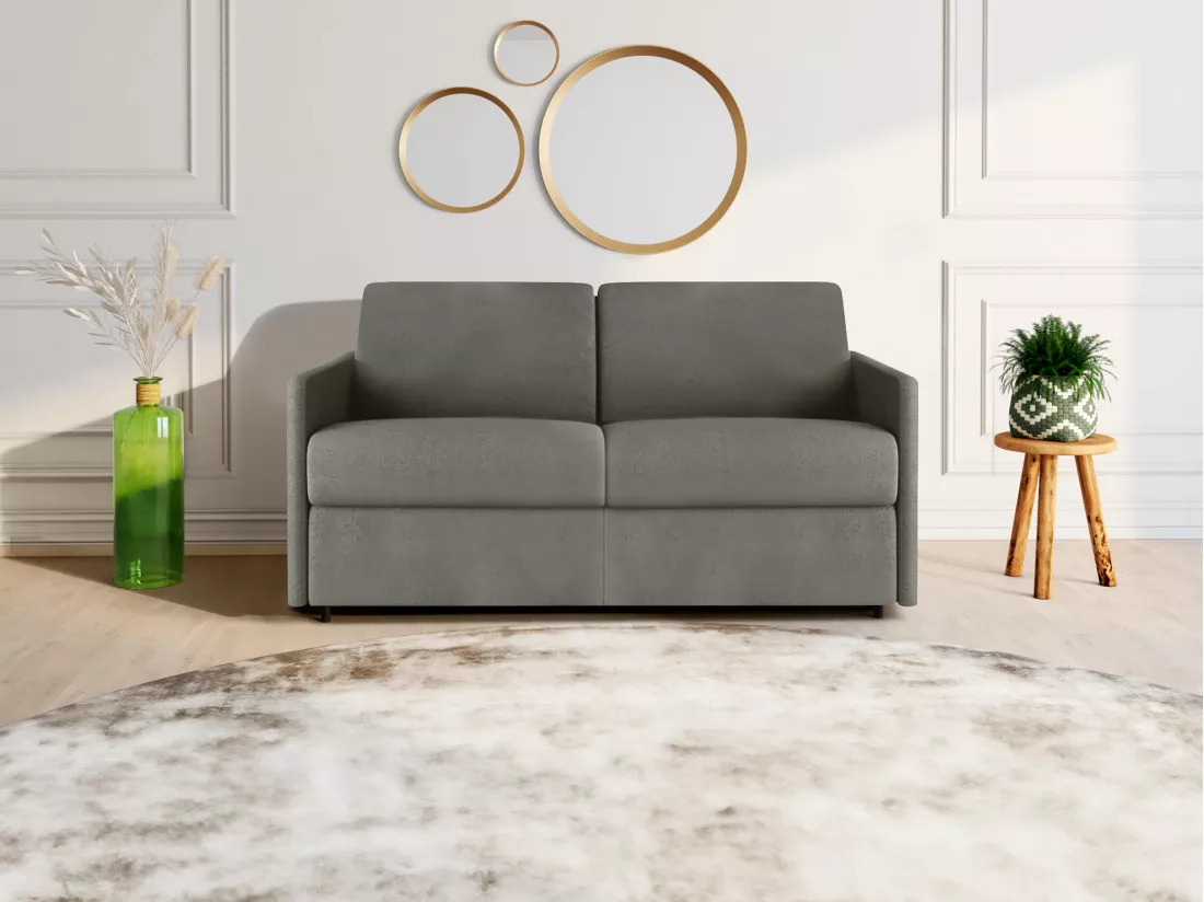 Canapé 2 places convertible express en tissu gris clair - Couchage 120 cm - Matelas 18 cm CALIFE