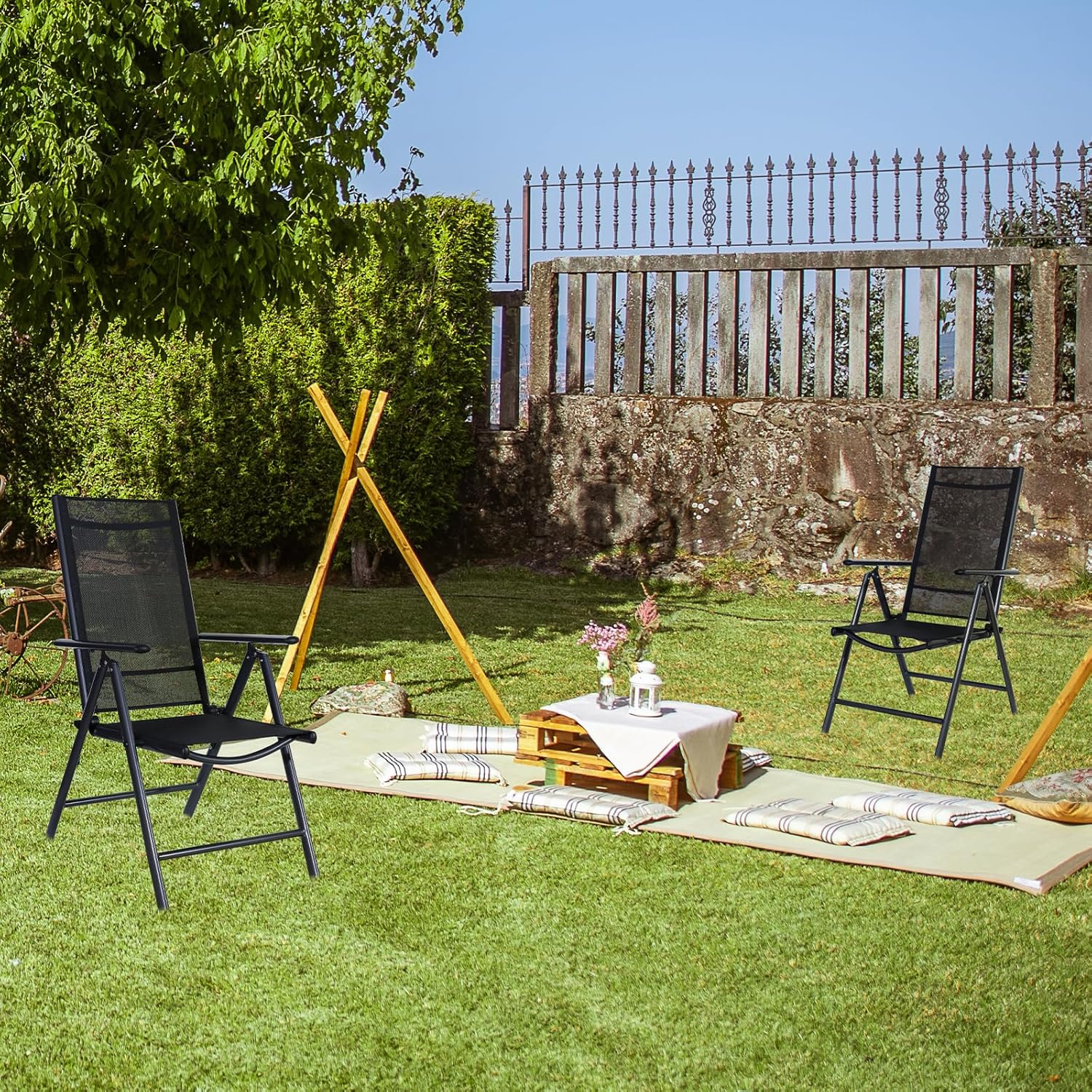 CCLIFE Gartenstühle Alu 2er Set,Gartenstuhl Hochlehner Klappbar, Balkonstühle 7-Fach Verstellbar bis 150kg Dunkelgrau, Modell: Breeze