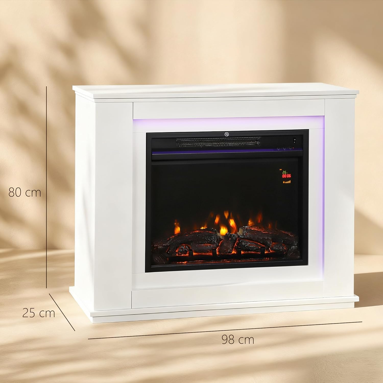 HOMCOM Elektrokamin mit Heizung, Elektrischer Kamin mit 12 Farbigen Flammeneffekten, 5 Helligkeitsstufen, 2000W Dekokamin mit 2 Leistungsstufen, Fernbedienung, Thermostat, Timer, Überhitzungsschutz