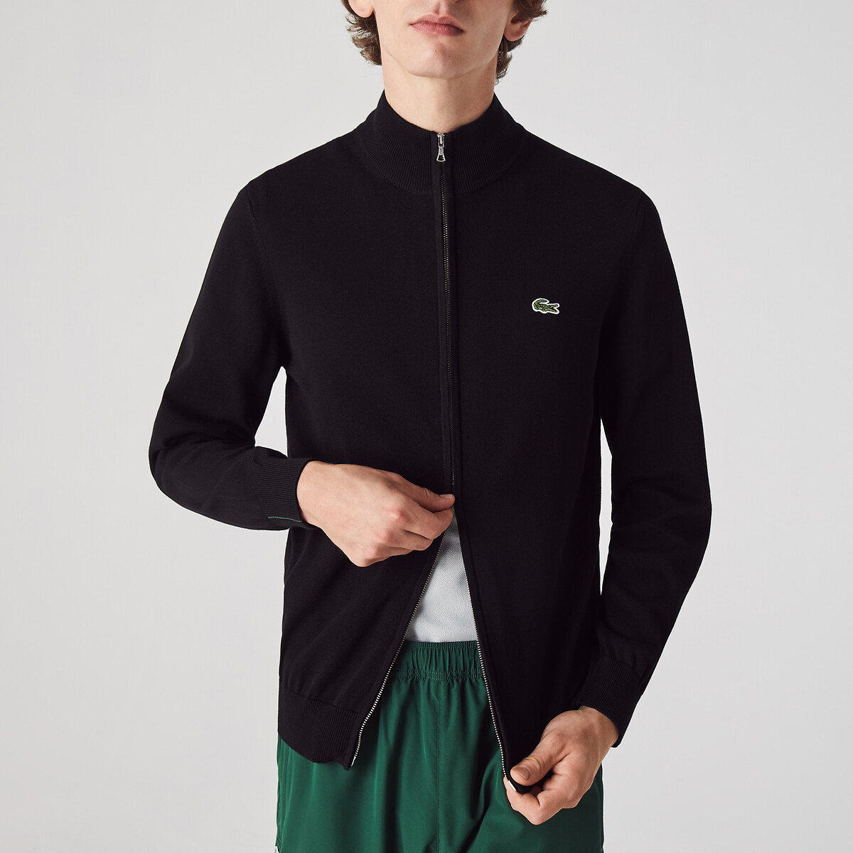 LACOSTE<br>Cardigã de algodão com zíper e gola alta