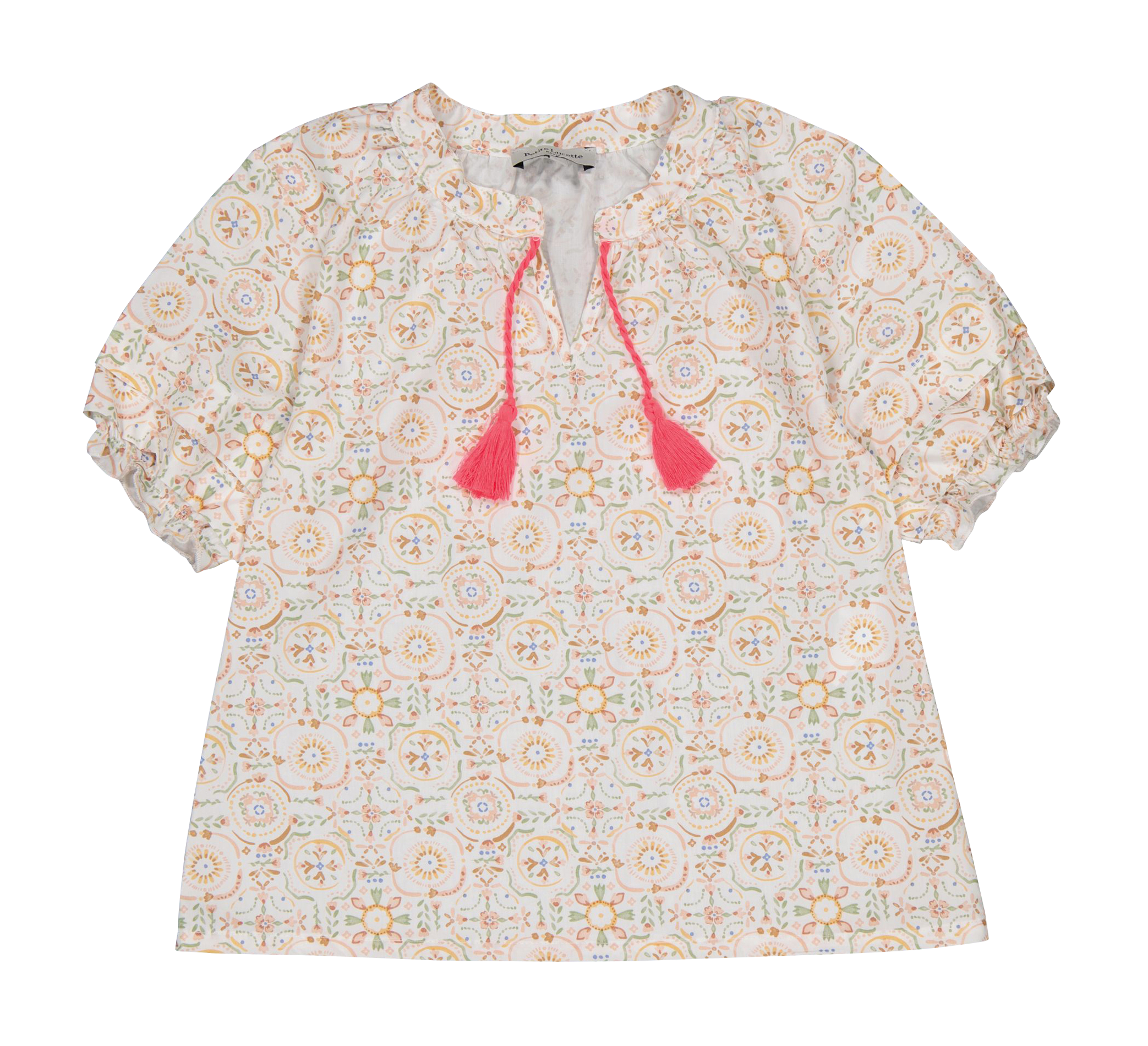 CECILE - Blouse col tunisien imprimée en coton bio | Beige